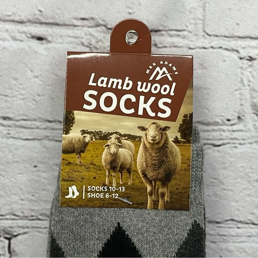 Max Adams Lamb Wool Socks Men's Size 10-13 Black Gray Argyle 2 Pair Casual Comfy